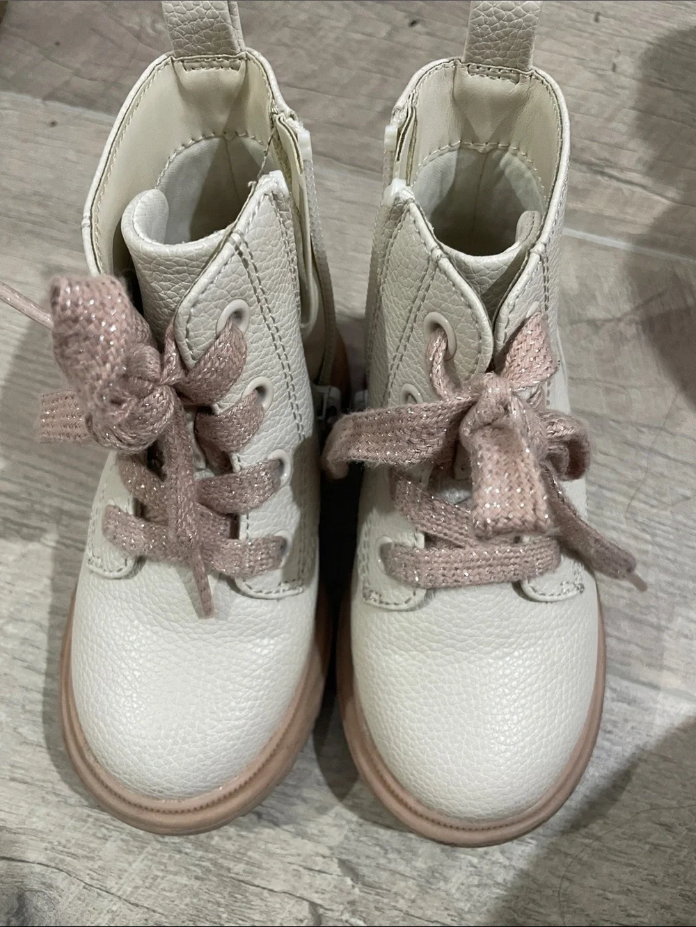 Cat & Jack Cream Kids Lace-Up Boots with Pink Sparkle Laces
